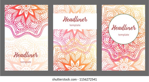 Set of old Ramadan flyer pages ornament illustration concept. Vintage art traditional, Islam, Arabic, Indian, magazine, elements. Vector decorative retro greeting card or invitation layout design