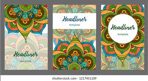 Set of old Ramadan flyer pages ornament illustration concept. Vintage art traditional, Islam, Arabic, Indian, magazine, elements. Vector decorative retro greeting card or invitation layout design