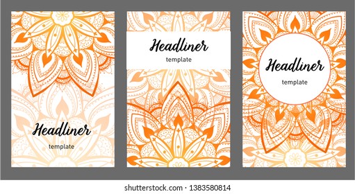 Set of old Ramadan flyer pages ornament illustration concept. Vintage art traditional, Islam, Arabic, Indian, magazine, elements. decorative retro greeting card or invitation layout design