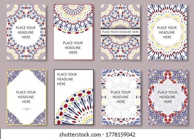 Set of old Ramadan flyer pages ornament illustration concept. Vintage art traditional, Islam, Arabic, Indian, magazine, elements. Vector decorative retro greeting card or invitation layout design.
