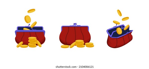 A set of old red wallets with coins falling in them. There are coins next to the wallet. The wallet was full of money. Flat style. Isolated on a white background. Purchase. Icon. Vector illustration.