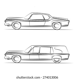 Set of old retro cars vintage drawing style. Vector car front view. Vector illustration