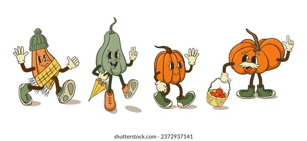 Conjunto de viejos personajes de calabaza de dibujos retro. Caracteres de época recortada en estilo plano. Ilustraciones aisladas de vectores sobre fondo blanco. Afiches, saludos, estampado de camisetas de la ilustración conceptual de otoño