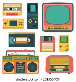 Set with Old Retro Media Technology. Vector Illustration. Radio Diskette Cassette Game Console TV Radio Player. Flat Icon Design Retro Style. Isolated on White Background