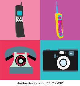 A set of old retro vintage antique hipster analog technology, electronics for communication, the first mobile and disk phones and a camera from the 80's, 90's. Vector illustration.