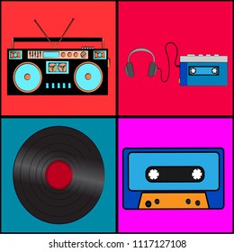 Set of old retro vintage antique hipster musical analog technology, electronics vinyl record, audiocassette and audio player tape recorder from the 80's, 90's on colorful backgrounds. Vector