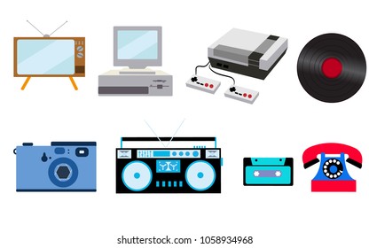 Set of old retro vintage hipster technology, electronics: computer, audio recorder, game console, audio cassette, disk telephone, vinyl record, camera, TV set on a white background Vector illustratio