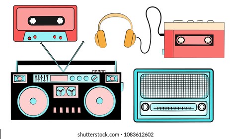 A set of old retro vintage hipster musical equipment, electronics from the 80's, 90's: cassette audio player, audio cassette, headphones, audio recorder, radio white background. Vector illustration