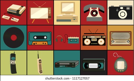 Set of old retro vintage hipster technology, electronics music vinyl, audio and video cassette tape recorder TV game console phone camera and player from the 80's, 90's on colorful backgrounds. Vector