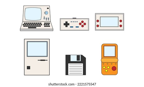 Set of old retro vintage hipster technology electronics computer, pc, floppy floppy disk, game portable video game consoles from 70s, 80s, 90s. Vector illustration