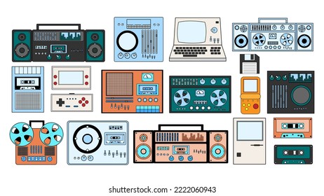 Set of old retro vintage hipster tech electronics: cassette audio tape recorder, computer, game consoles for video games from the 70s, 80s, 90s. Vector illustration