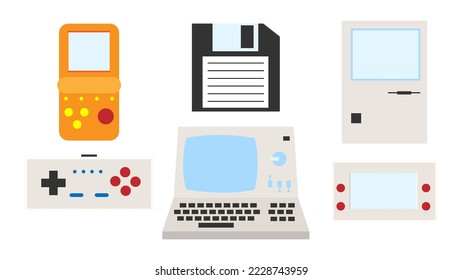 Set of old retro vintage hipster technology electronics computer, pc, floppy floppy disk, game portable video game consoles from 70s, 80s, 90s. Vector illustration