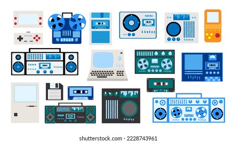 Set of old retro vintage hipster tech electronics: cassette audio tape recorder, computer, game consoles for video games from the 70s, 80s, 90s. Vector illustration