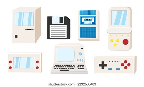 Set of old retro vintage isometry technology electronics computer, pc, floppy floppy disk, game portable video game consoles from 70s, 80s, 90s. Vector illustration