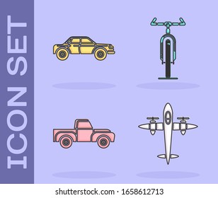 Set Old retro vintage plane, Sedan car, Pickup truck and Bicycle icon. Vector