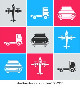 Set Old retro vintage plane, Delivery cargo truck vehicle and Car icon. Vector