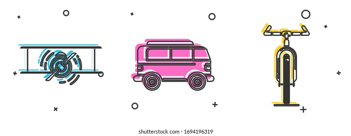 Set Old retro vintage plane, Retro minivan and Bicycle icon. Vector