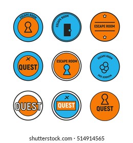 Set of old retro yellow and blue sticker for quest escape room in linear style