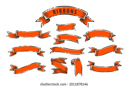 Set of old ribbon banners. Hand drawn design element in vintage style