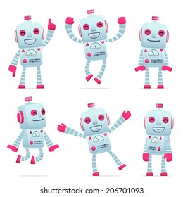 set of old robot character in different interactive  poses