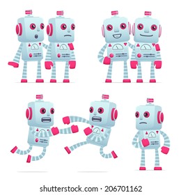 set of old robot character in different interactive  poses