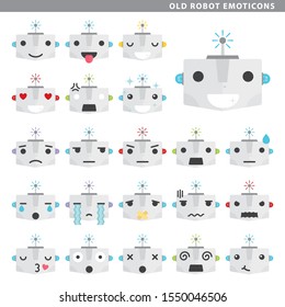 Set of old robot emoticons with different faces and expressions.