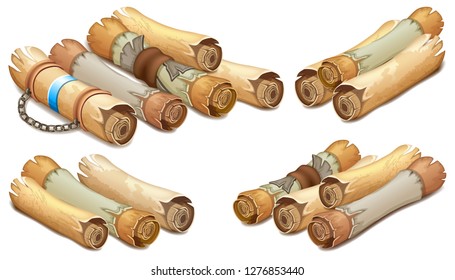 Set old royal scrolls decorated with leather belt and silver elements. Reward message on parchment. Isometric 3d vector illustration for computer games and books design.