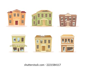 Set of old ruined suburban cottages. Abandoned two storey houses with broken windows vector illustration