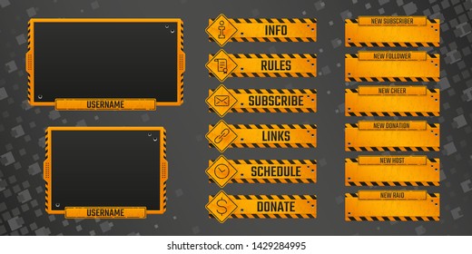 Set of old rusty gaming panels with 
gunshots and scratches for live streamers. Orange metal alerts and buttons with road signs. Webcam 16:9 and 4:3 screen resolution. Eps10 vector