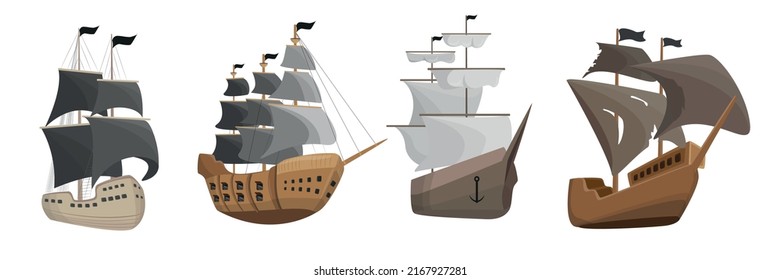 Set of old sailboats in cartoon style. Vector illustration of pirate ships on sails or simple kingdom ships.