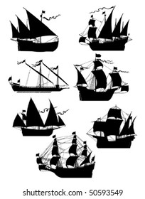 Set of old sailing ships