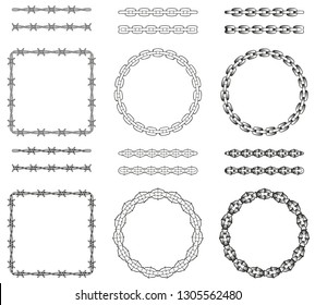 Set Of Old School Chains And Barbed Wire Pattern Brushes. Stipple Tattoo Decor, Dot Art. Wire With Right Angles. Eps10 Vector