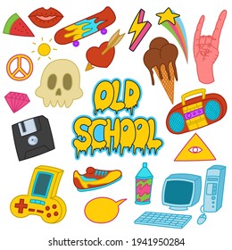 Reihe von Doodles der Alten Schule, handgezeichnet, Aufkleber, Cartoon, Kunst