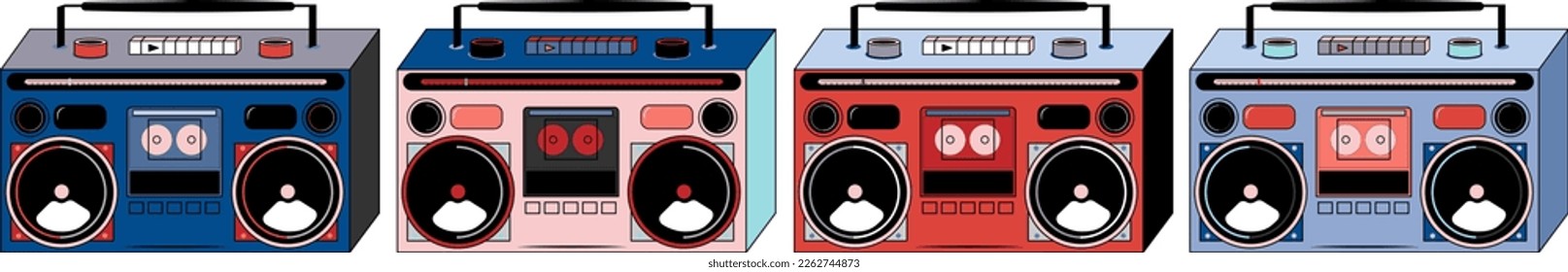 Set of old school tape recorders and boombox vector illustration. 90s pop disco tape recorder set