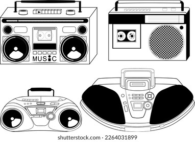 Set of old school tape recorders and boombox vector illustration. 90s pop disco tape recorder set