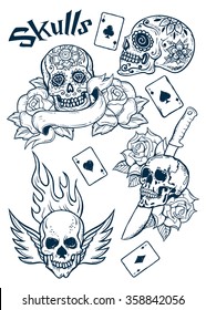 Set of Old School Tattoo Elements with Skulls and aces..Tattoo-art design. Hand-drawn vector images. Good for stickers. Easy to edit. EPS8 file