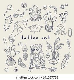 Set of Old School Tattoo Elements. Tattoo-art design. Hand-drawn vector images. 