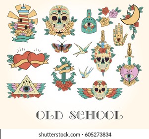 Set of old school tattoo sketch. Vector illustration