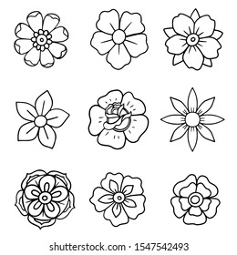 set of old school tattoo style flowers hand drawn vector illustration