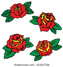 Set of old school tattoo style roses isolated on white background. Design elements for poster, postcard, t-shirt. Vector illustration