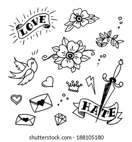 set of old school tattoos elements, vector