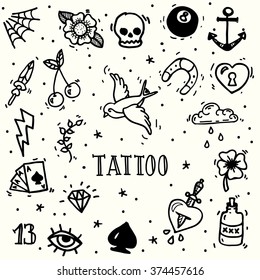 Set of old school tattoos. Hand drawn vector background.
