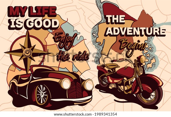 Set of old school travel posters with slogan\
and retro vehicles. Car, motorcycle with travel map on the\
background. Flat cartoon vector\
illustration