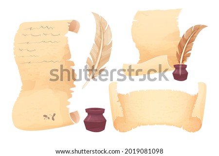 Set Old scroll of parchment, papyrus and feather pen in cartoon style isolated on white background. Empty frame, decoration, antique manuscript. 