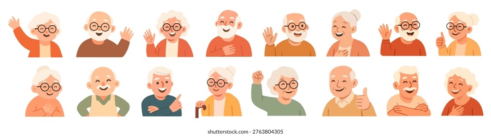 Set of old senior people avatar. Older person happy smiling face. Elderly man, woman character. Grandfather, grandmother icon collection. Vector flat illustration