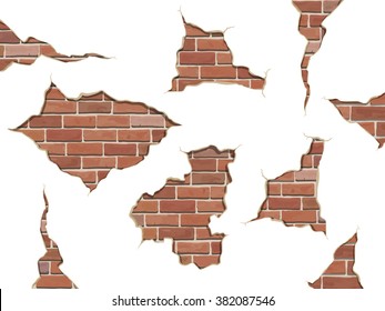 Set old shabby concrete and brick cracks. Vector separate elements for wall decor.  Vector illustration isolated, on white background.