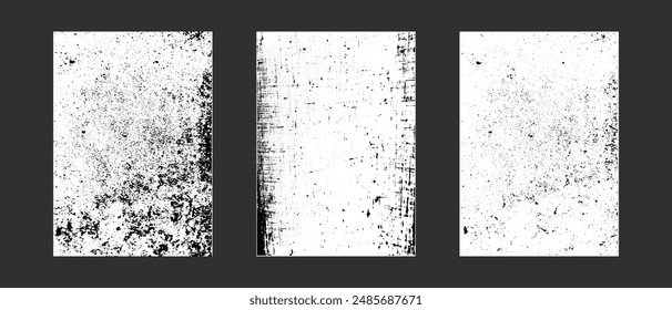 Set of old shabby vertical backgrounds. Black and white grunge for a worn vintage overlay texture effect. Rough dirty grainy A4 paper design.