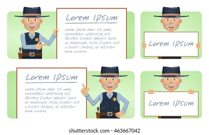 Set of old sheriff characters posing with different banners. Cheerful cowboy holding poster, paper, placard. Advertise, promote, teach. Flat style vector illustration