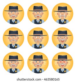 Set of old sheriff emoticons. Man avatars showing different emotions. Happy, smile, sad, cry, angry, love, surprised, upset, laugh and other facial expressions. Flat style vector illustration