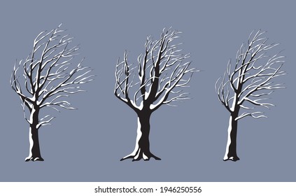 Satz von alten schneebedeckten Bäumen ohne Blätter einzeln auf grauem Hintergrund. Wintersaison, windiges Wetter, Pflanzen während eines Schneesturms. Einfarbige, einfache Pflanzen unter der Schnee-Vektorgrafik.